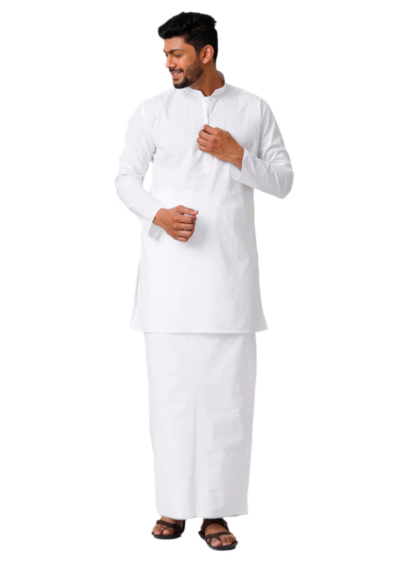 Mens Cotton Full Sleeve White Medium Kurta with Prayer Dhoti Combo Alharam