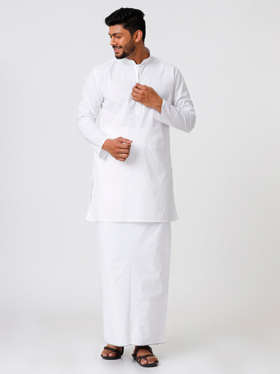 Mens Cotton Full Sleeve White Medium Length Kurta with Prayer Dhoti Combo-Front view