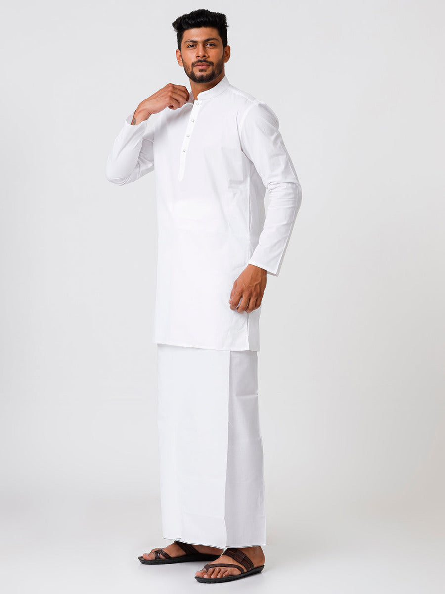 Mens Cotton Full Sleeve White Medium Length Kurta with Prayer Dhoti Combo-Side view