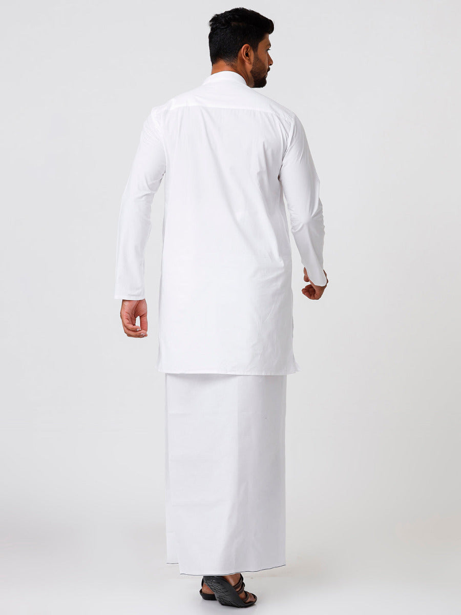 Mens Cotton Full Sleeve White Medium Length Kurta with Prayer Dhoti Combo-Back view