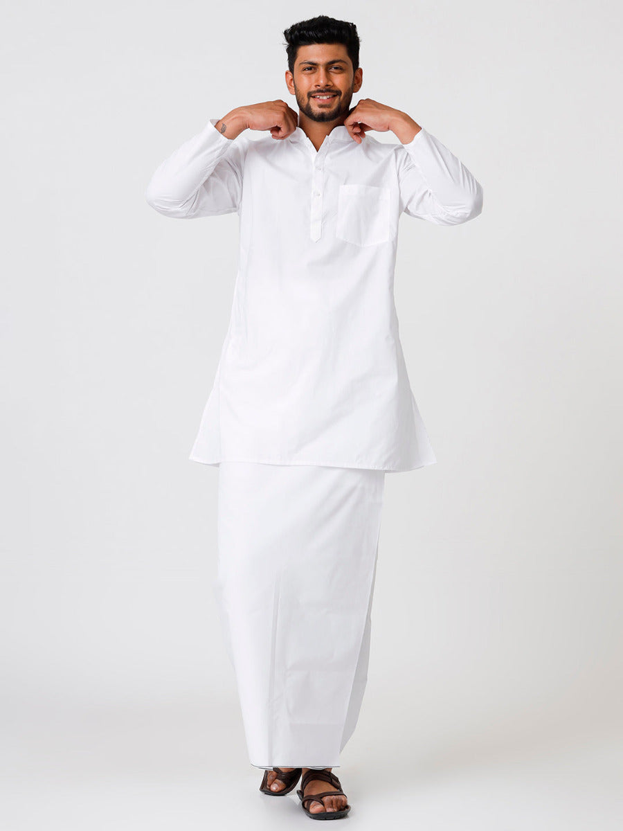 Mens Cotton Full Sleeve White Medium Kurta Top with Prayer Dhoti Comb-Front vieww