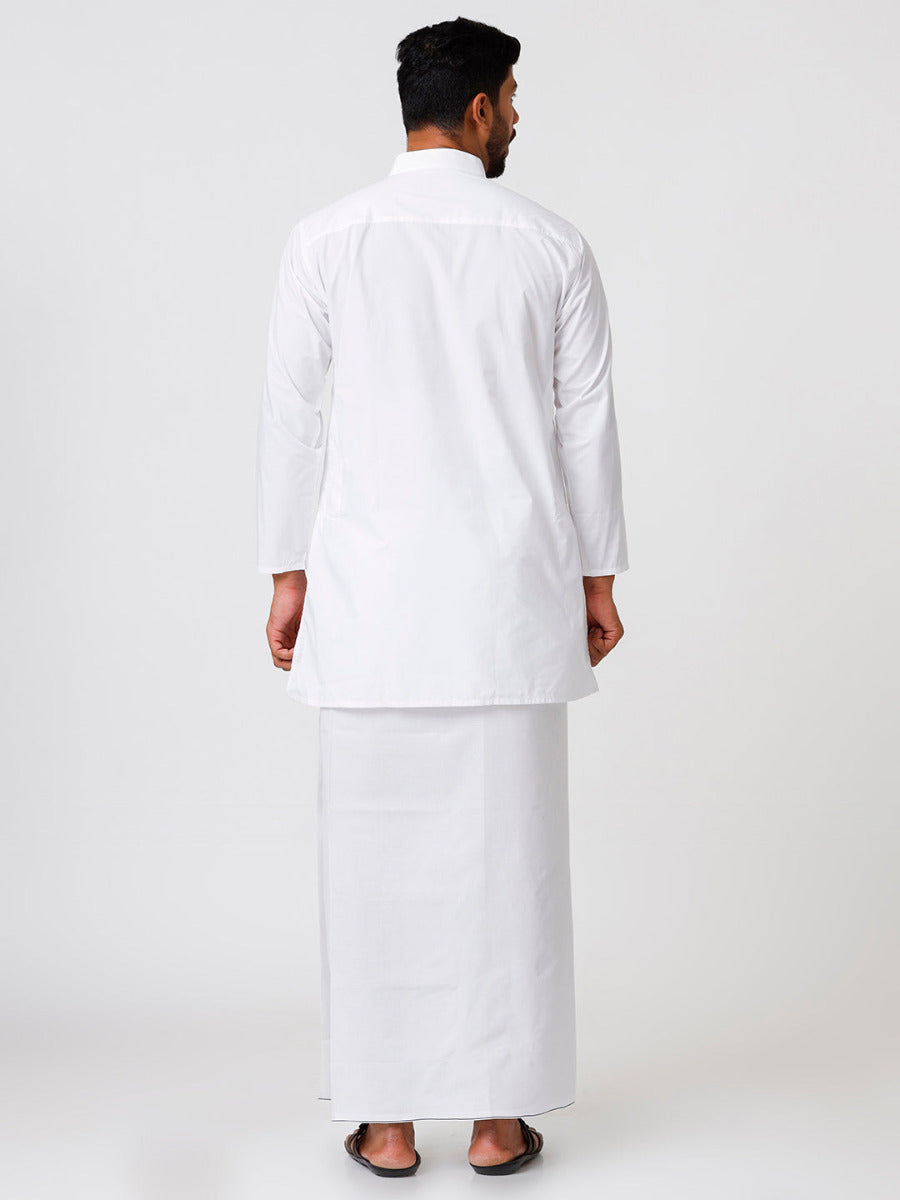 Mens Cotton Full Sleeve White Medium Kurta Top with Prayer Dhoti Comb-Back view