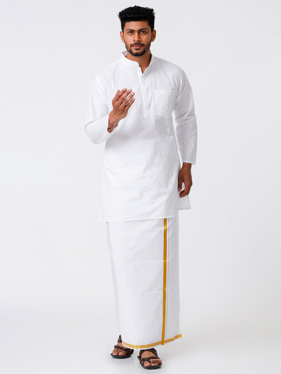 Mens Cotton Full Sleeve White Medium Kurta Top with Gold Jari 3/4" Dhoti Combo