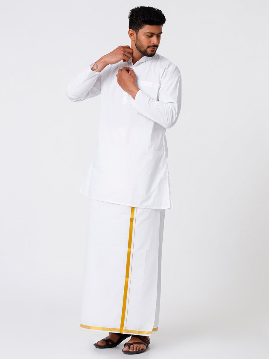 Mens Cotton Full Sleeve White Medium Kurta Top with Gold Jari 3/4" Dhoti Combo-Front view