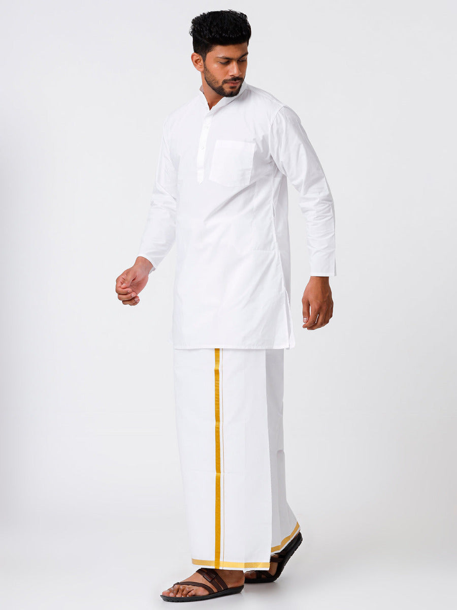 Mens Cotton Full Sleeve White Medium Kurta Top with Gold Jari 3/4" Dhoti Combo-Side view