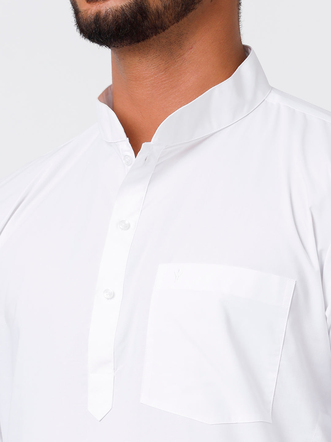Mens Cotton Full Sleeve White Medium Kurta Top with Gold Jari 3/4" Dhoti Combo-Zoom view