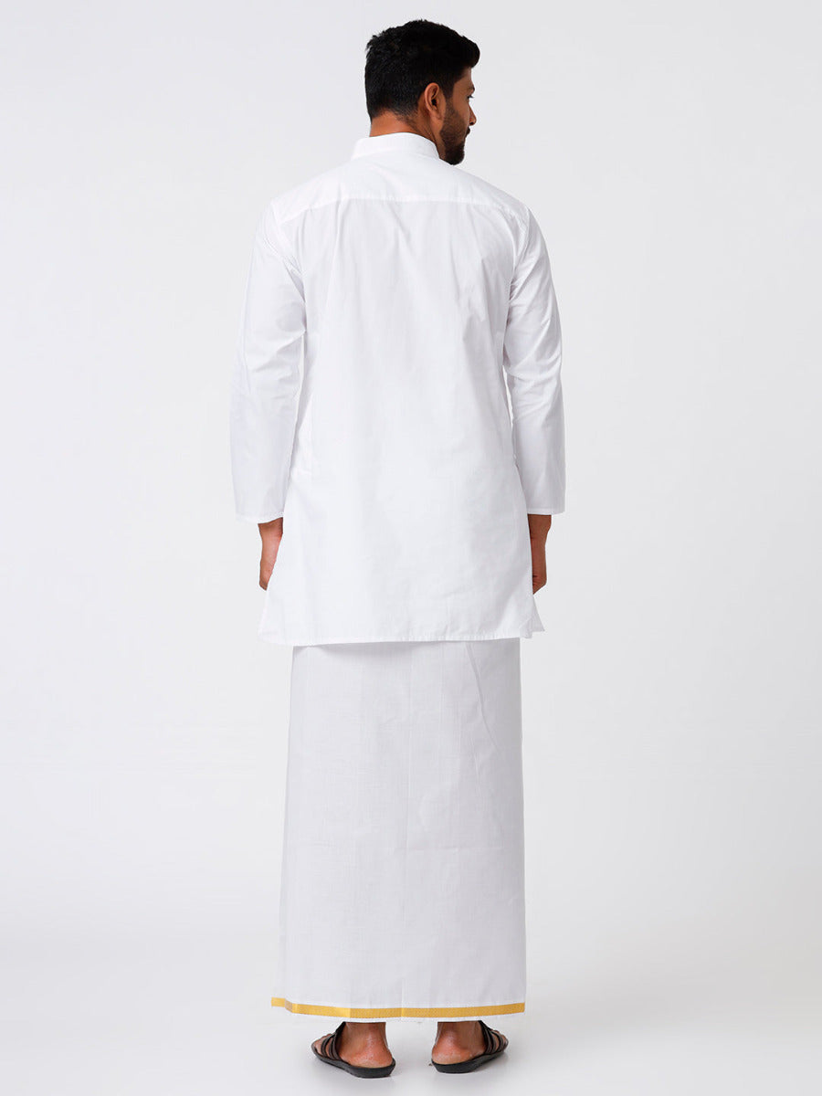 Mens Cotton Full Sleeve White Medium Kurta Top with Gold Jari 3/4" Dhoti Combo-Back view