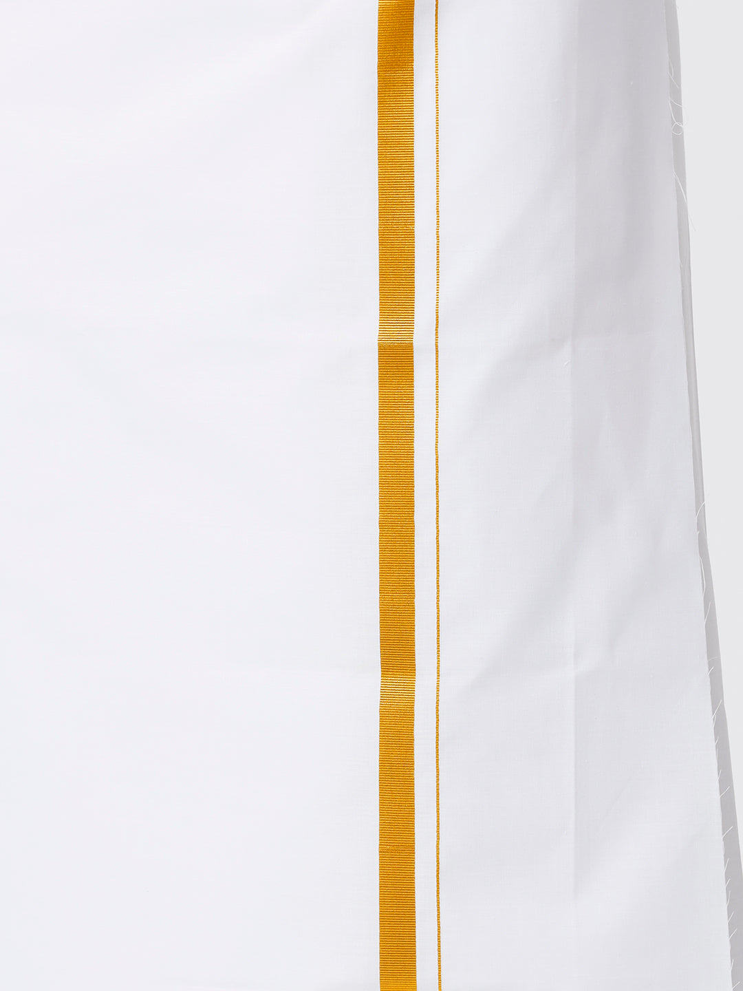 Mens Cotton Full Sleeve White Medium Kurta Top with Gold Jari 3/4" Dhoti Combo-Bottom view