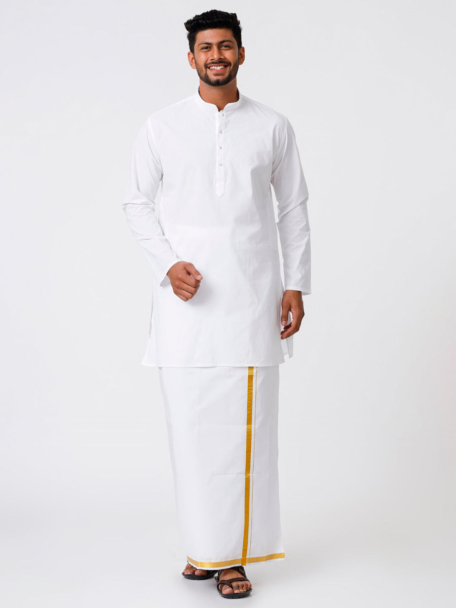 Mens Cotton Full Sleeve White Medium Kurta with 3/4" Gold Jari Dhoti Combo