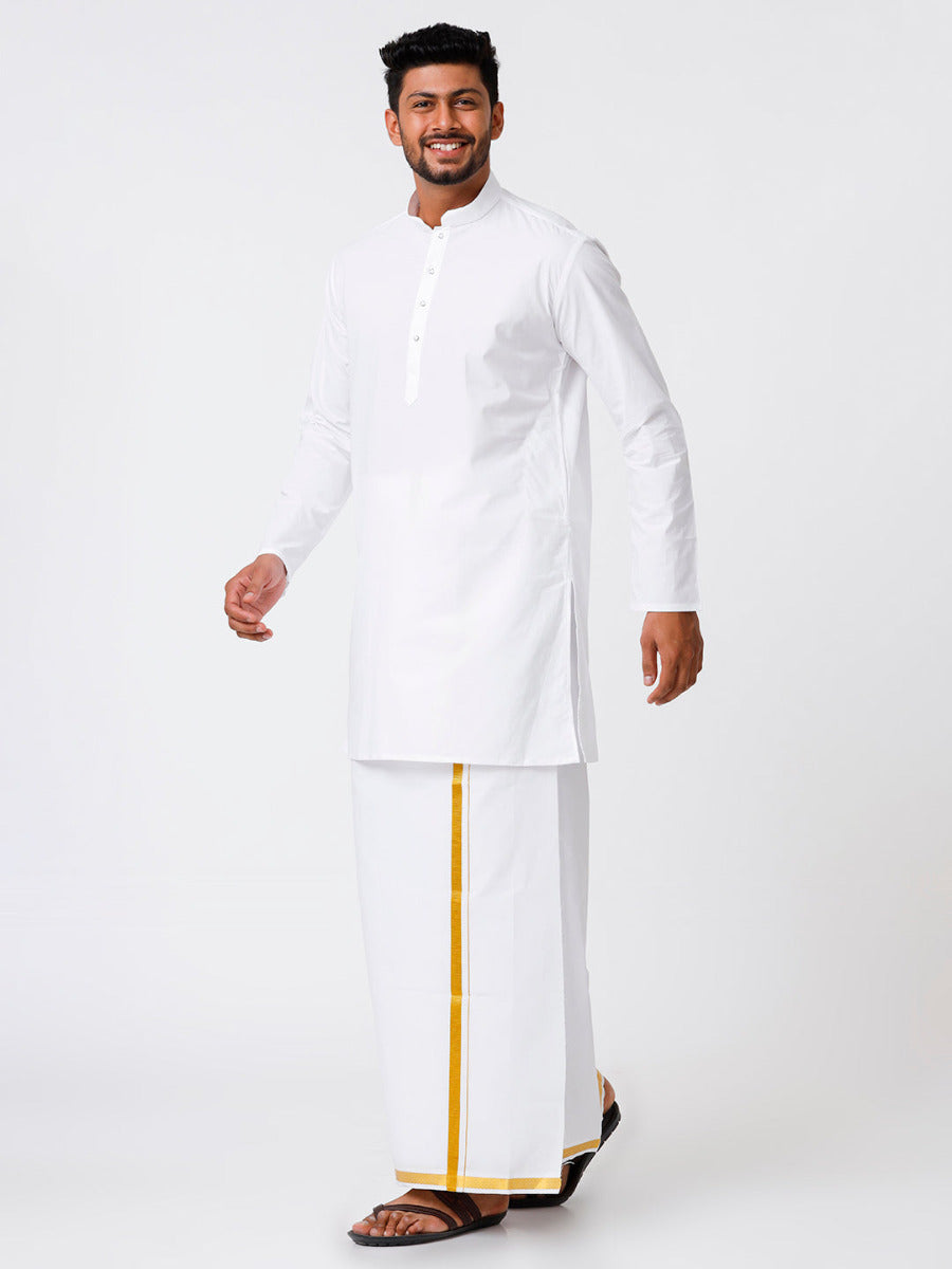Mens Cotton Full Sleeve White Medium Kurta with 3/4" Gold Jari Dhoti Combo-Side view