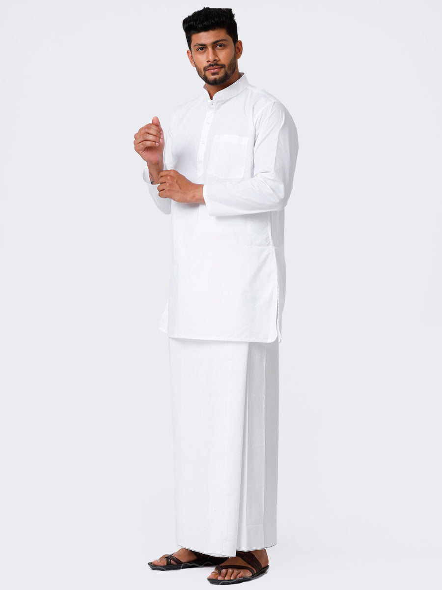 Mens Cotton Full Sleeve White Medium Kurta Top with Stitched Prayer Dhoti Combo-Front view