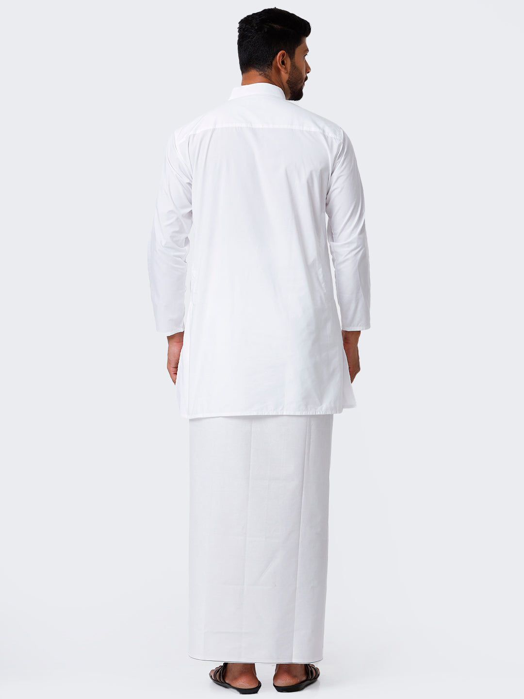 Mens Cotton Full Sleeve White Medium Kurta Top with Stitched Prayer Dhoti Combo-Back view