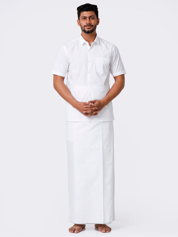 Mens Cotton Half Sleeves White Shirt with Stitched Prayer Dhoti Combo Samraj