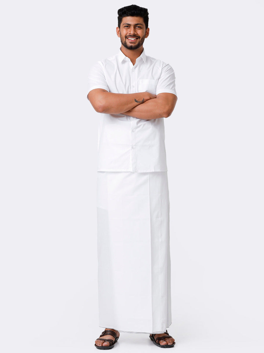 Mens Cotton Half Sleeves White Shirt with Stitched Prayer Dhoti Combo Samraj-Front view