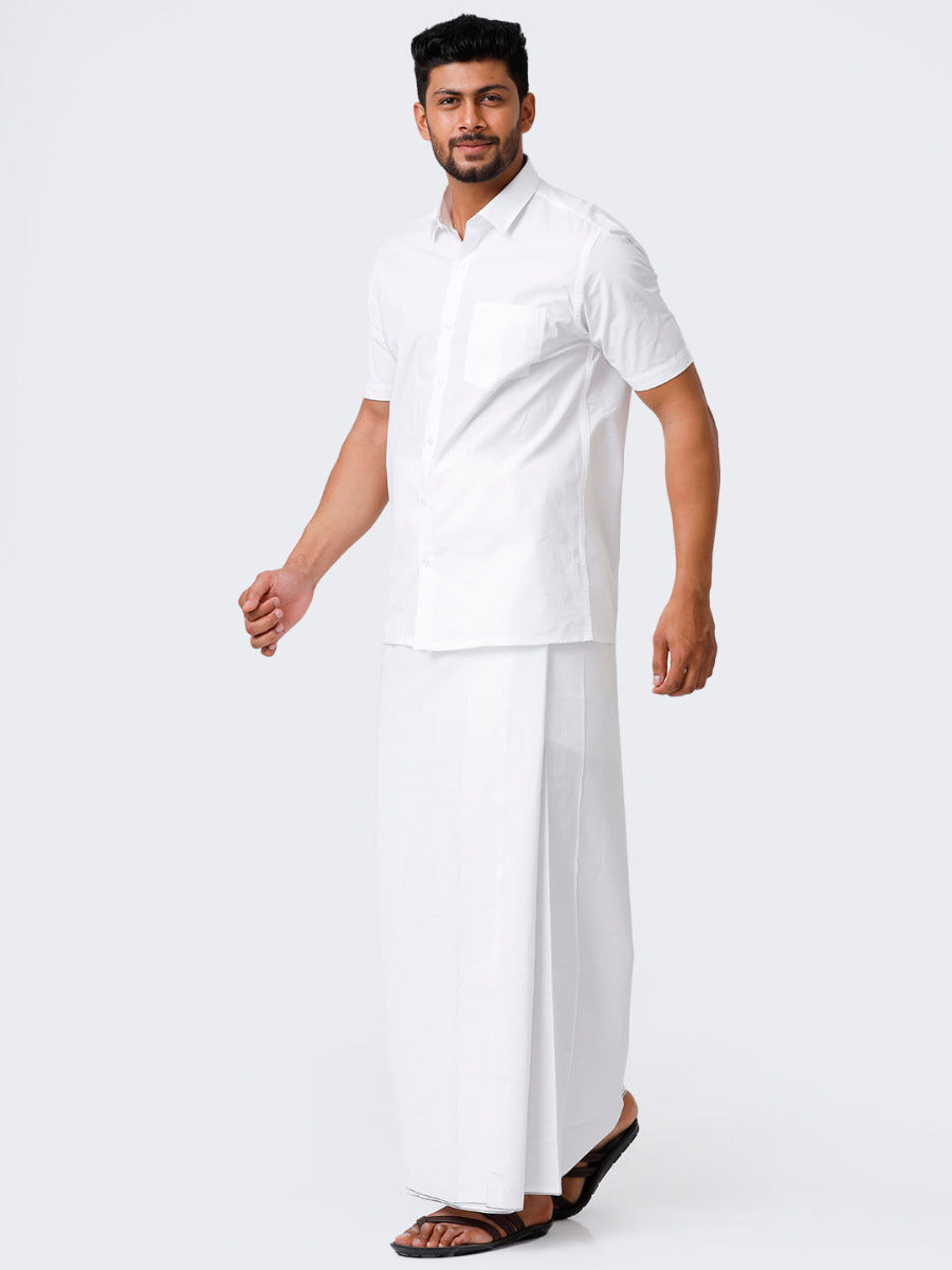 Mens Cotton Half Sleeves White Shirt with Stitched Prayer Dhoti Combo Samraj-Side view