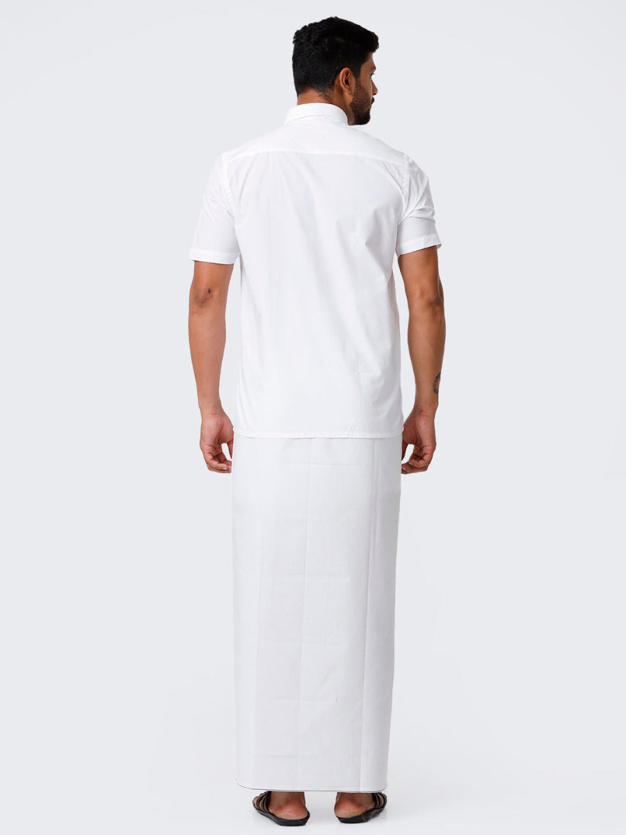 Mens Cotton Half Sleeves White Shirt with Stitched Prayer Dhoti Combo Samraj-Back view