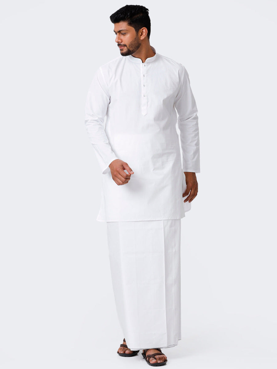 Mens Cotton Full Sleeve White Medium Kurta with Stitched Prayer Dhoti Combo Samraj