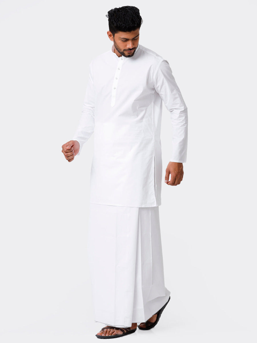 Mens Cotton Full Sleeve White Medium Kurta with Stitched Prayer Dhoti Combo Samraj-Side view