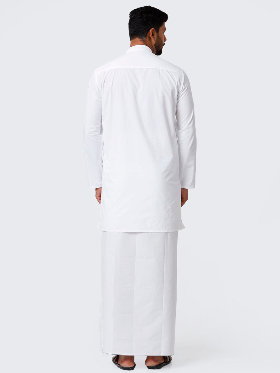 Mens Cotton Full Sleeve White Medium Kurta with Stitched Prayer Dhoti Combo Samraj-Back view