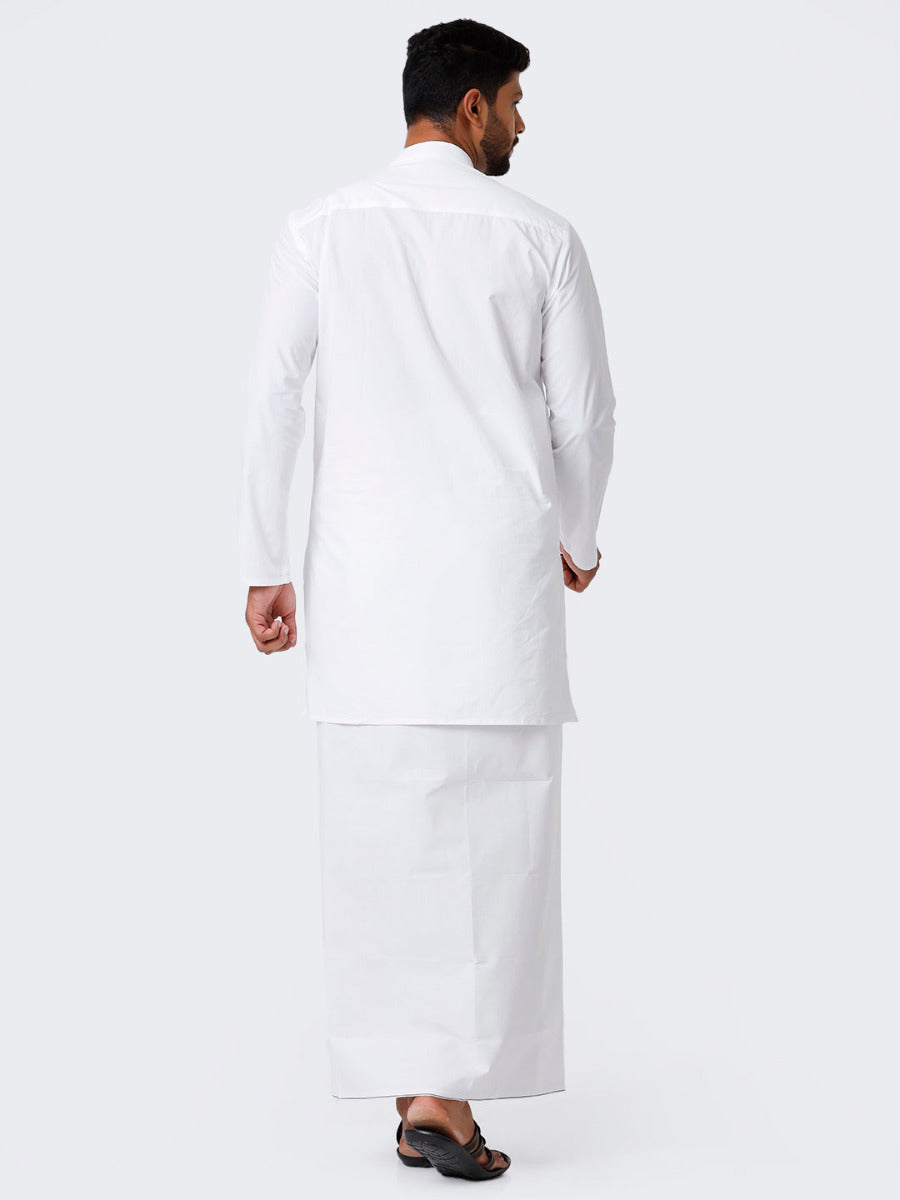Mens Cotton Full Sleeve White Medium Kurta with Prayer Dhoti Combo Quba-Back view