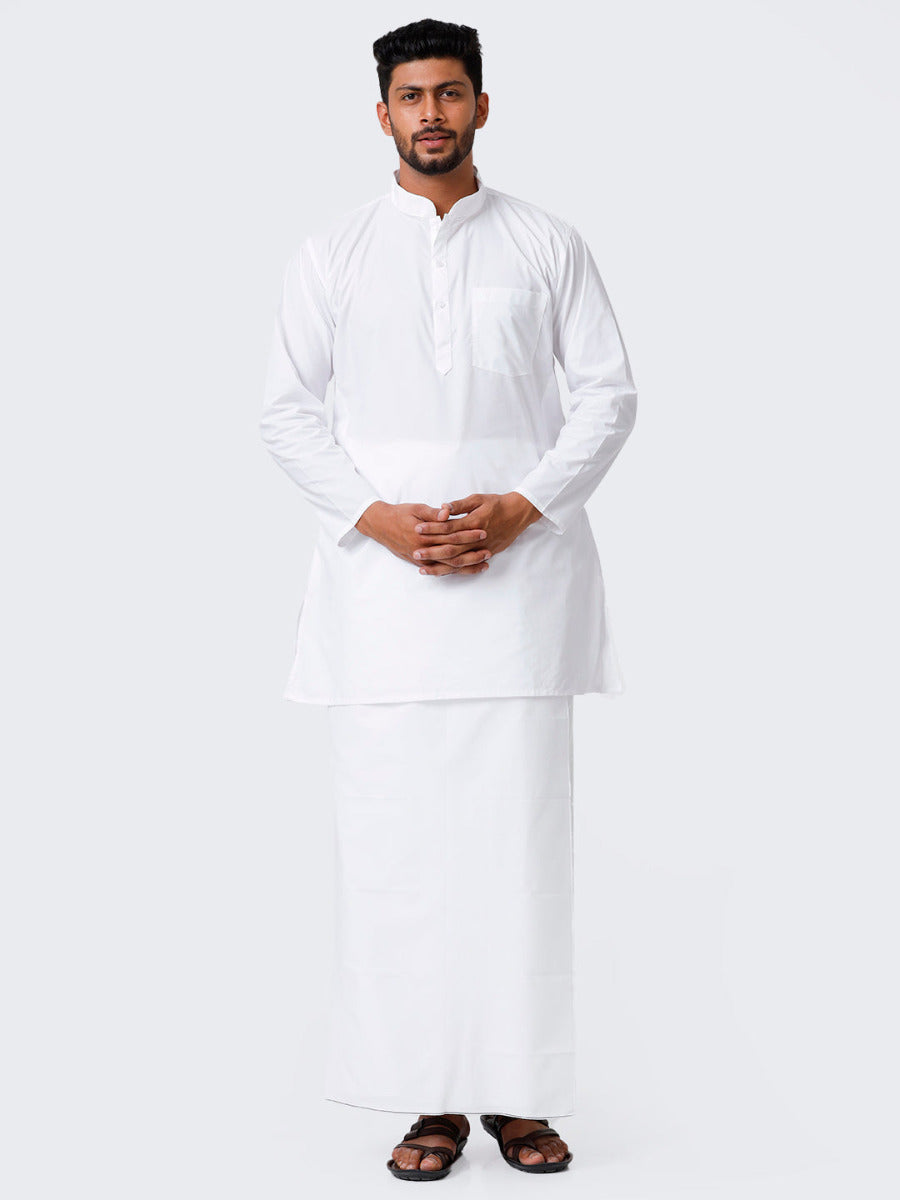 Mens Cotton Full Sleeve White Kurta Top with Prayer Dhoti Combo Alharam