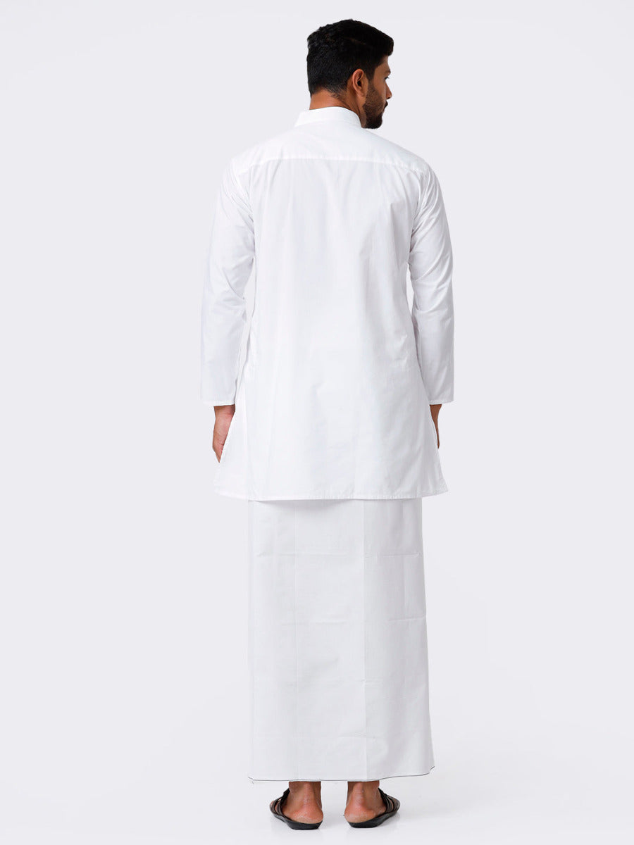 Mens Cotton Full Sleeve White Kurta Top with Prayer Dhoti Combo Alharam-Back view