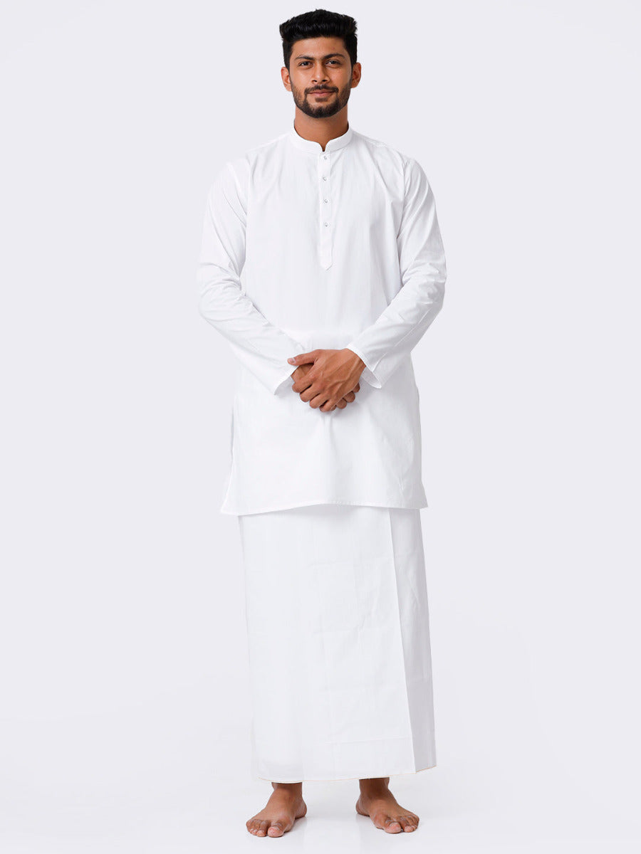 Mens Cotton Full Sleeve White Medium Kurta with Stitched Prayer Dhoti Combo