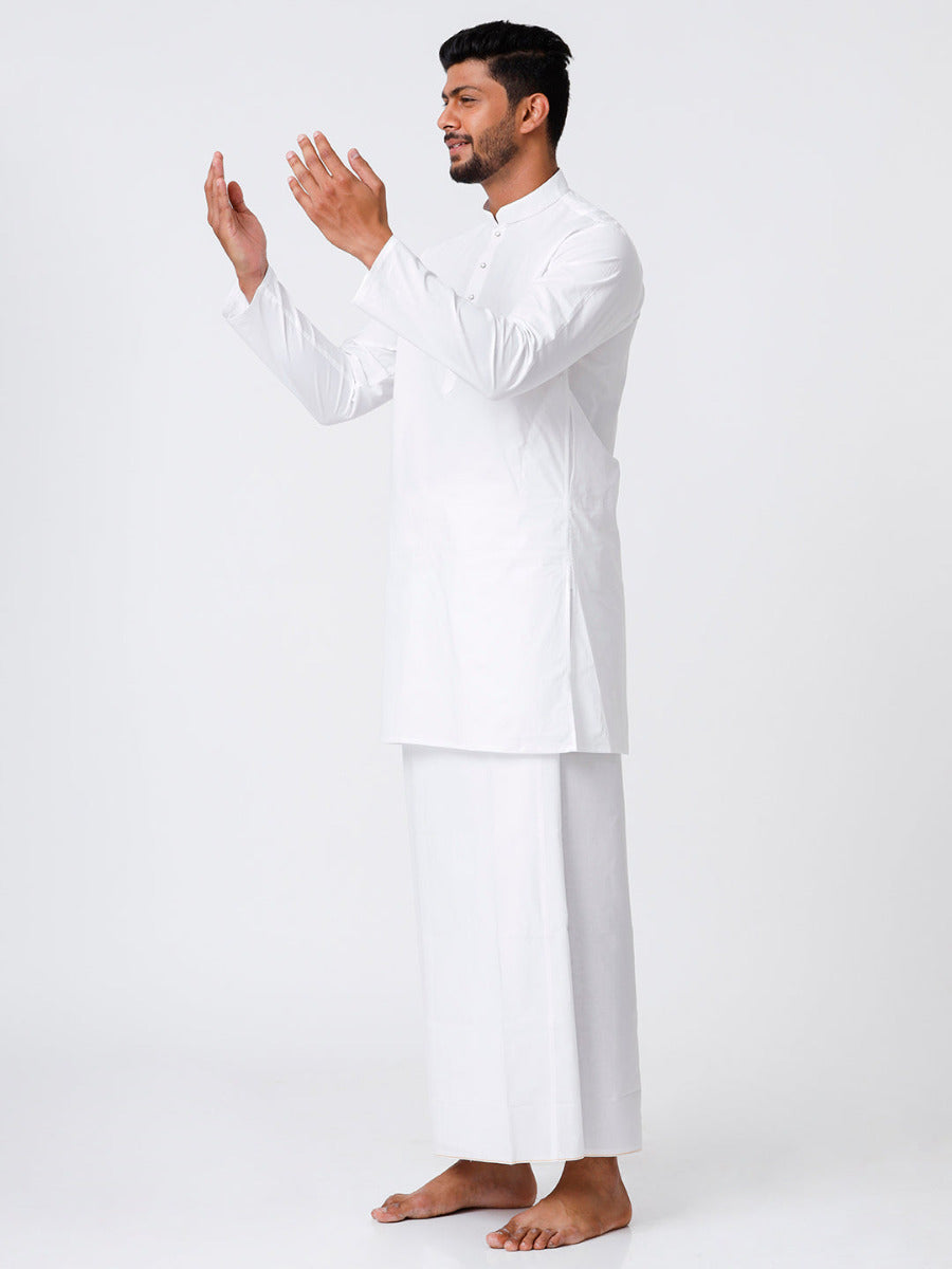 Mens Cotton Full Sleeve White Medium Kurta with Stitched Prayer Dhoti Combo-Side alternative view