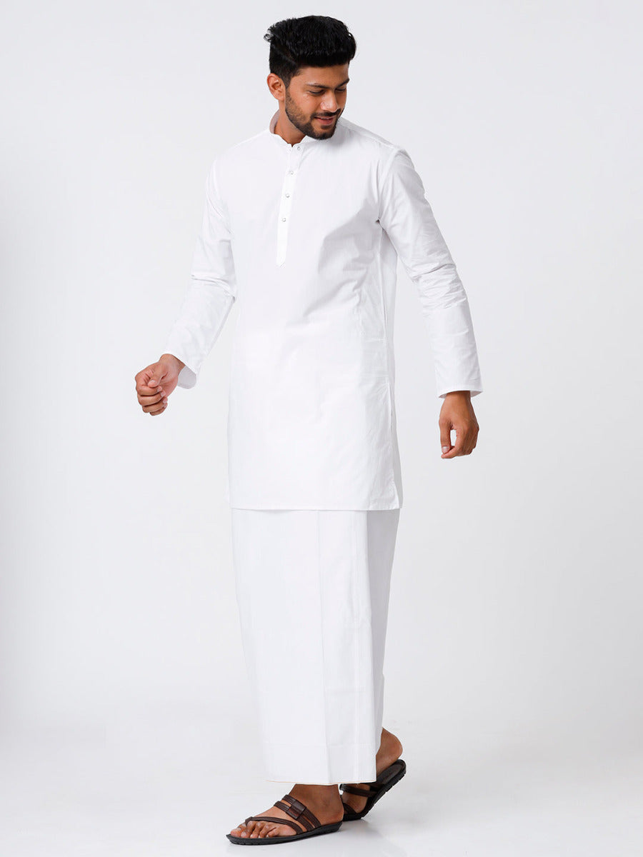 Mens Cotton Full Sleeve White Medium Kurta with Stitched Prayer Dhoti Combo-Side view