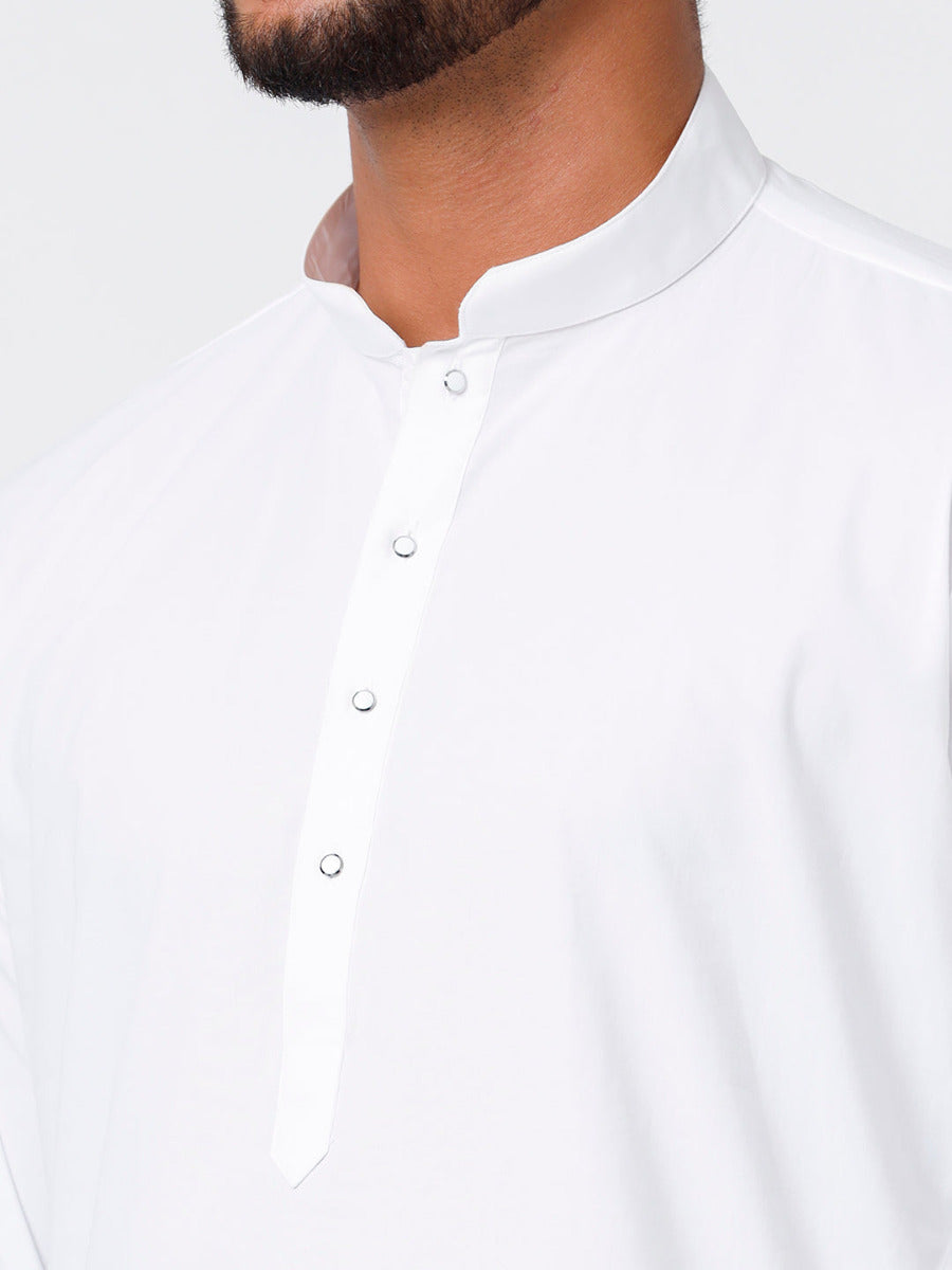 Mens Cotton Full Sleeve White Medium Kurta with Stitched Prayer Dhoti Combo-Zoomview