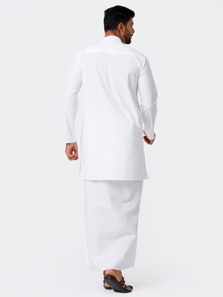 Mens Cotton Full Sleeve White Medium Kurta with Stitched Prayer Dhoti Combo-Back view