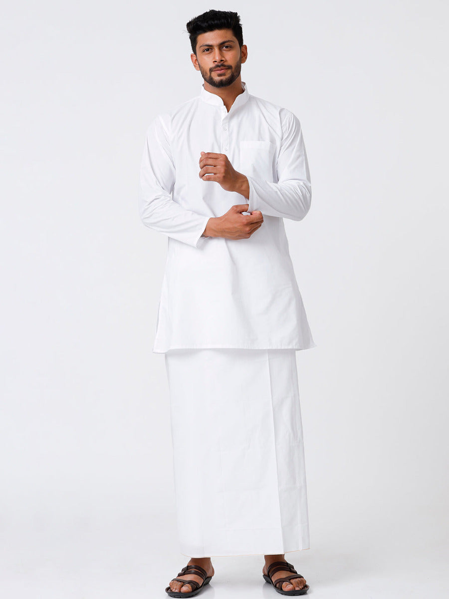 Mens Cotton Full Sleeve White Medium Kurta Top with Stitched Prayer Dhoti 2.50m Combo