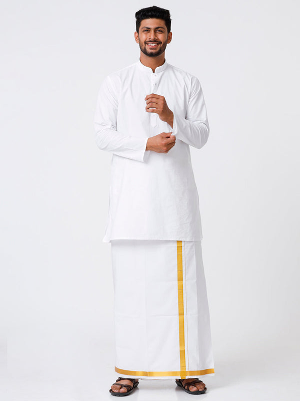 Mens Cotton Full Sleeve White Medium Kurta with 1" Gold Jari Dhoti Combo