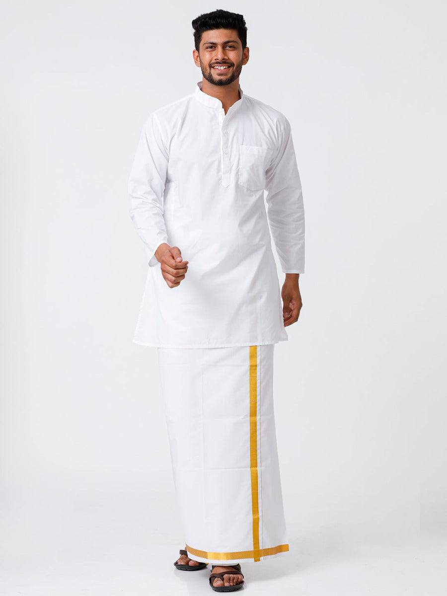 Mens Cotton Full Sleeve White Medium Kurta Top with Gold Jari 1" Dhoti Comb