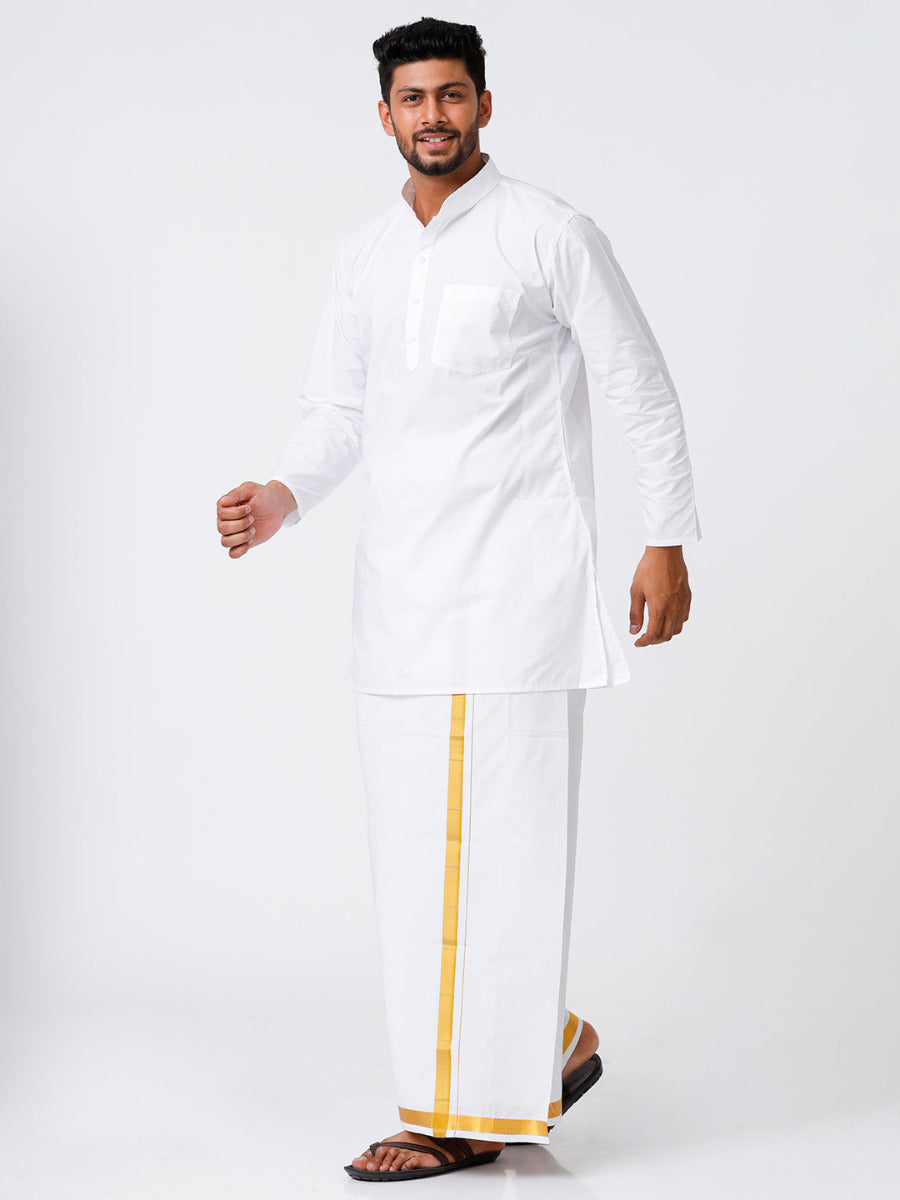 Mens Cotton Full Sleeve White Medium Kurta Top with Gold Jari 1" Dhoti Comb-Side view