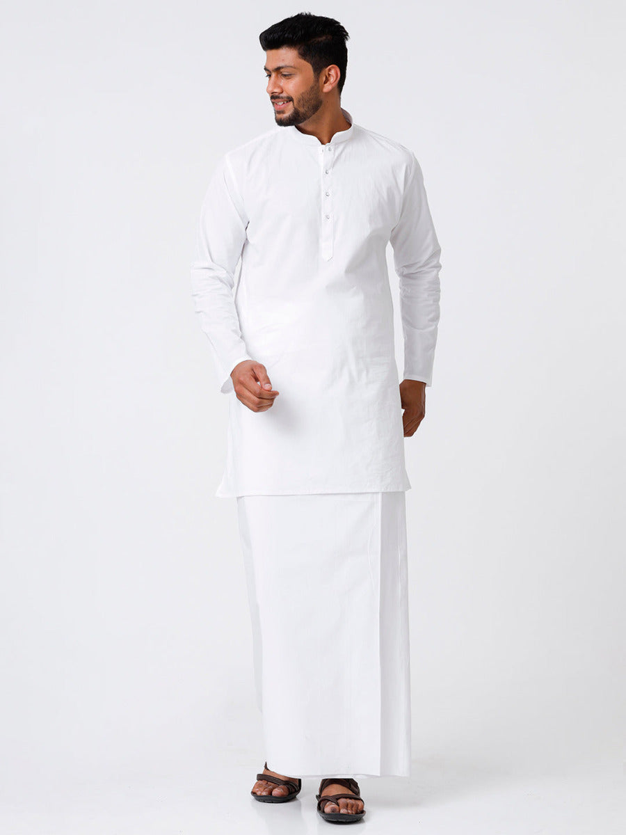 Mens Cotton Full Sleeve White Medium Kurta with Stitched Prayer Dhoti Combo Al Mashoor-Front view