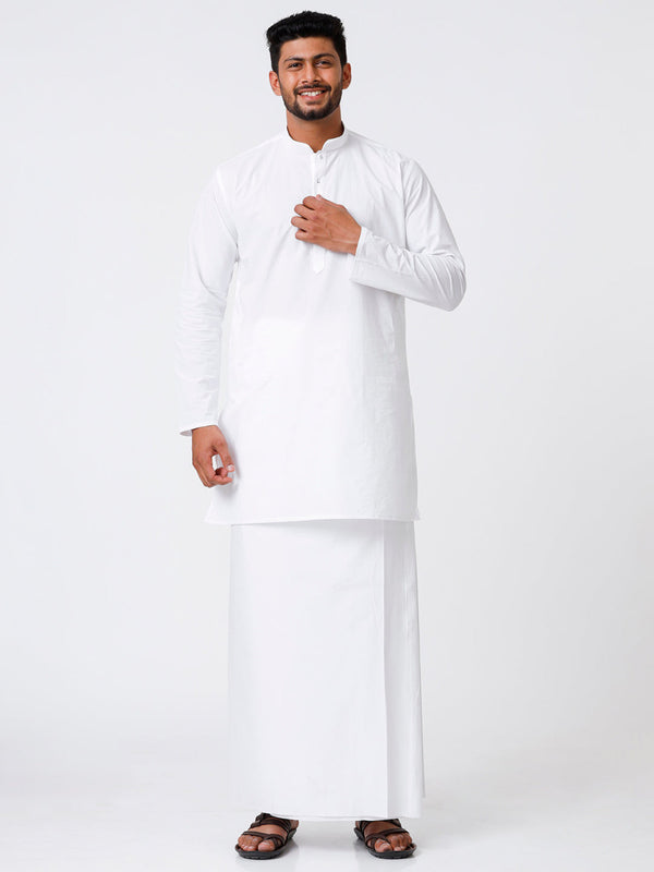 Mens Cotton Full Sleeve White Medium Kurta with Stitched Prayer Dhoti Combo Al Mashoor