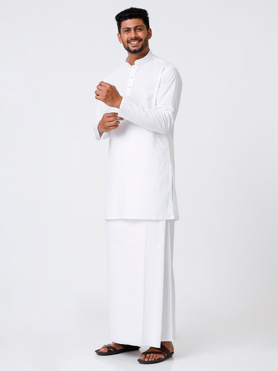 Mens Cotton Full Sleeve White Medium Kurta with Stitched Prayer Dhoti Combo Al Mashoor-Side view