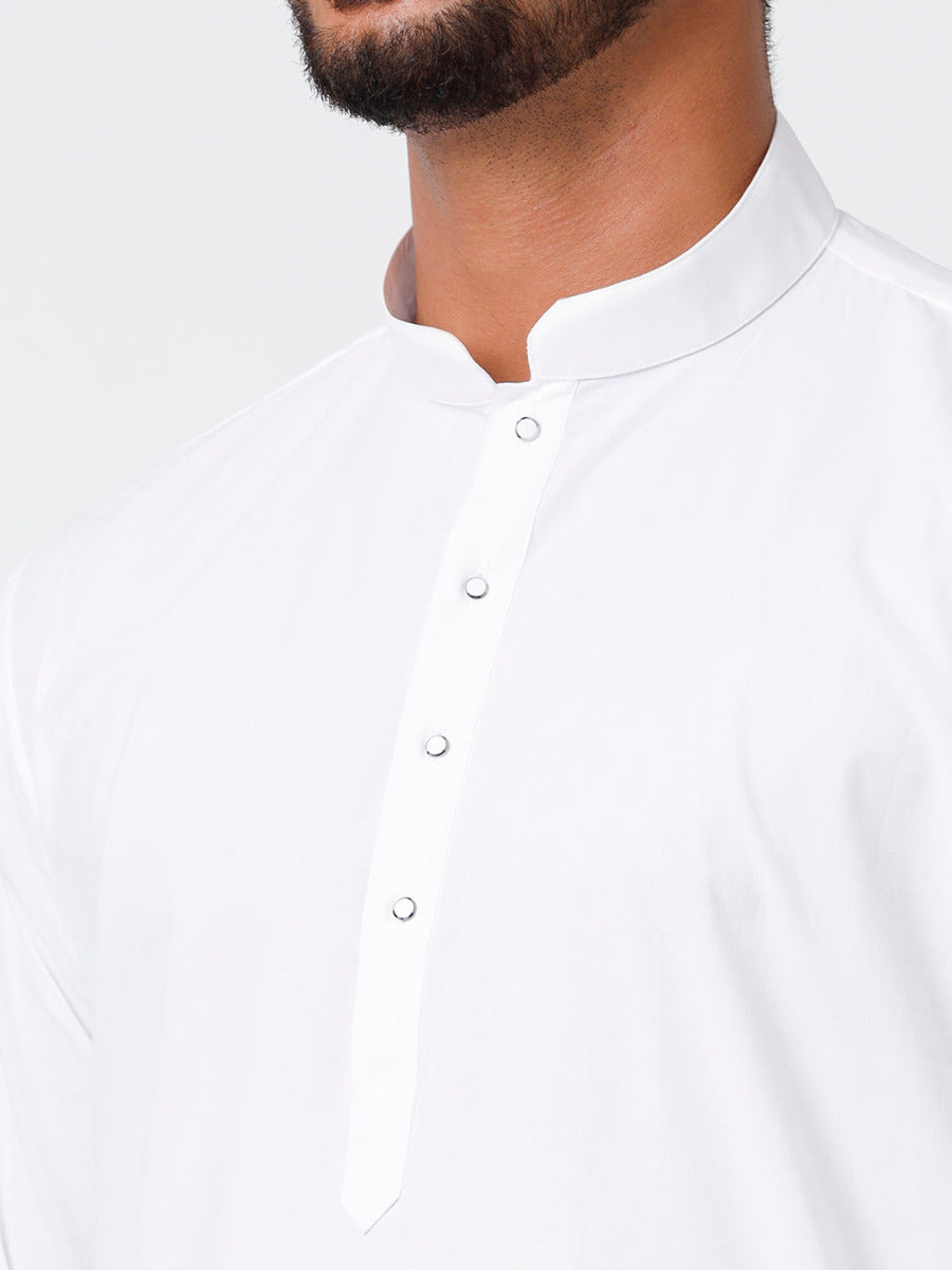 Mens Cotton Full Sleeve White Medium Kurta with Stitched Prayer Dhoti Combo Al Mashoor-Zoom view