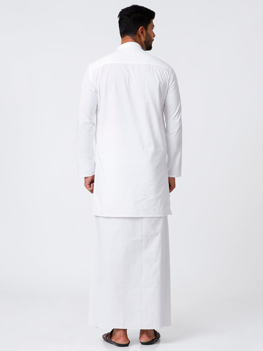 Mens Cotton Full Sleeve White Medium Kurta with Stitched Prayer Dhoti Combo Al Mashoor-Back view