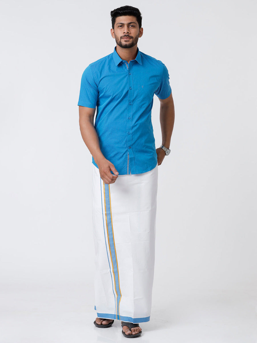 Mens Fancy Border Dhoti & Shirt Set Half Sleeves Blue G113