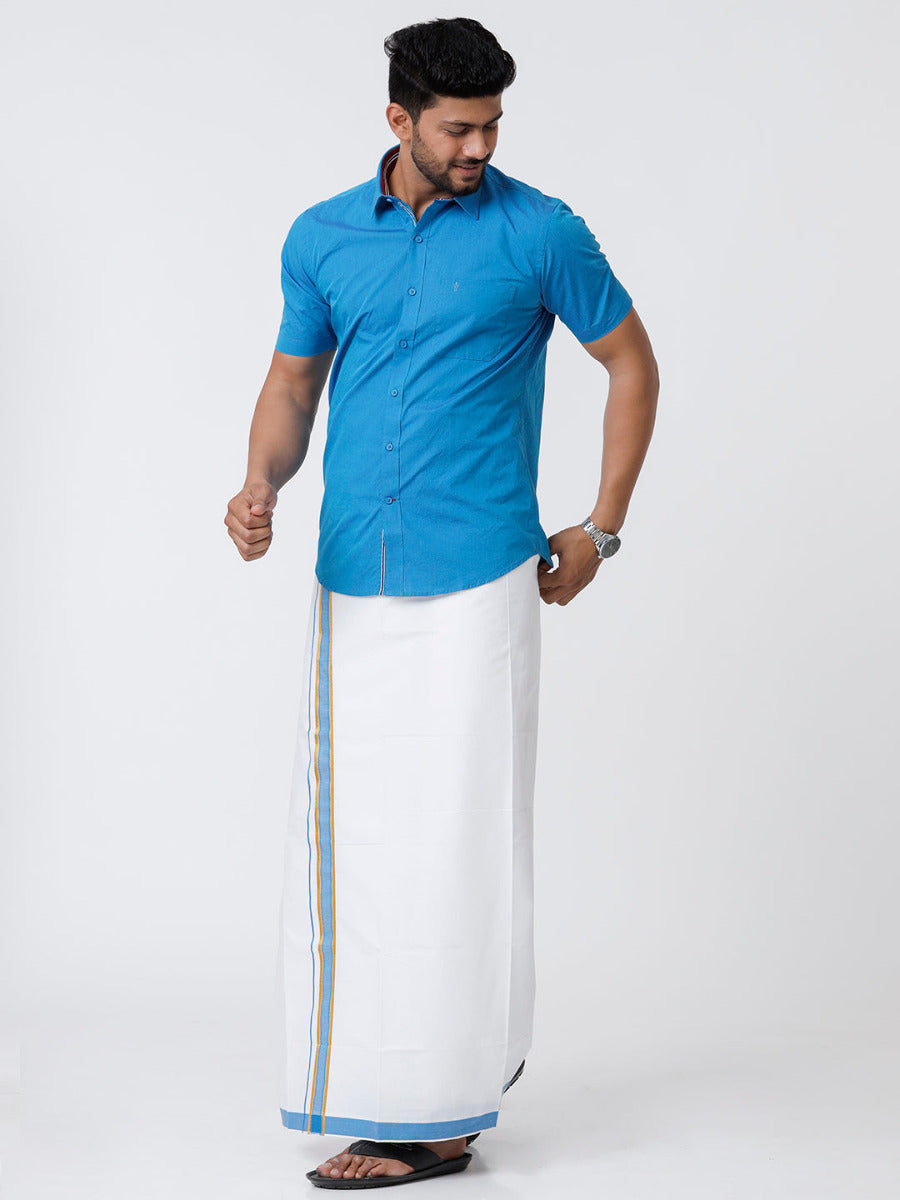 Mens Fancy Border Dhoti & Shirt Set Half Sleeves Blue G113-Front view