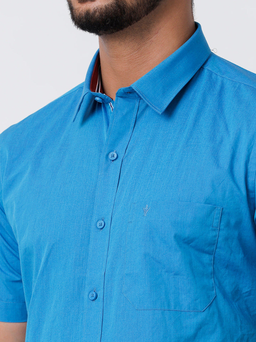 Mens Fancy Border Dhoti & Shirt Set Half Sleeves Blue G113