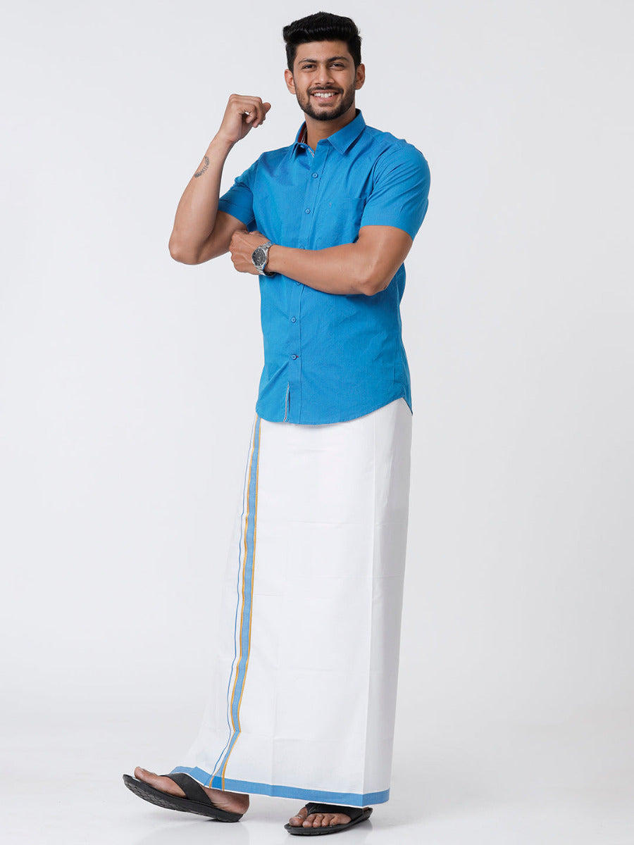 Mens Fancy Border Dhoti & Shirt Set Half Sleeves Blue G113-Side view