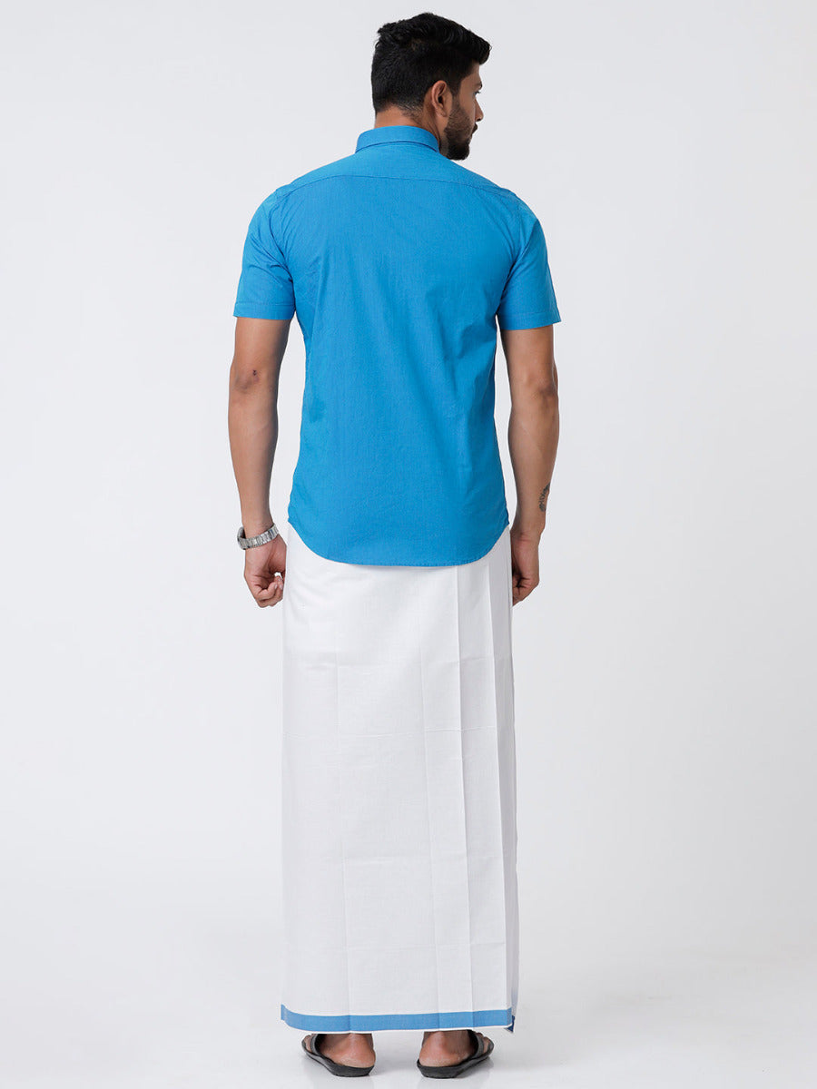 Mens Fancy Border Dhoti & Shirt Set Half Sleeves Blue G113-Back view