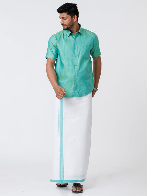 Mens Matching Border Dhoti & Half Sleeves Shirt Set Green C101