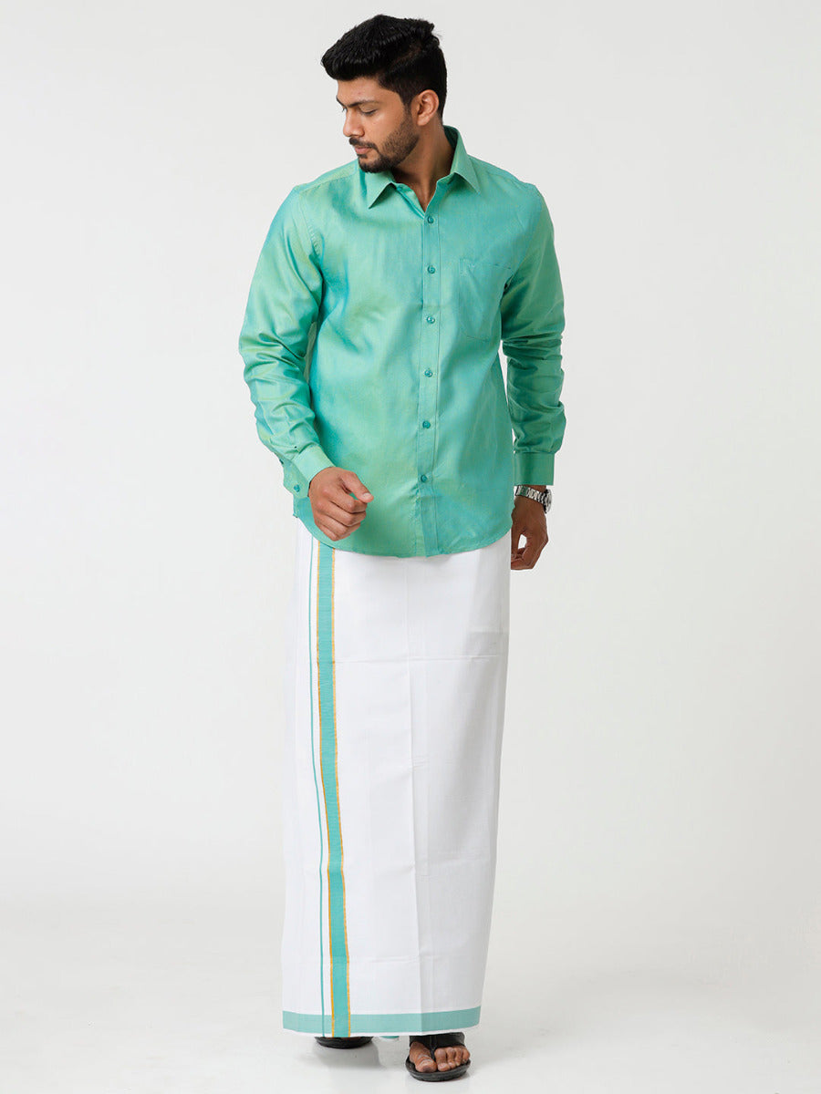 Mens Matching Border Dhoti & Full Sleeves Shirt Set Green C101-Front view