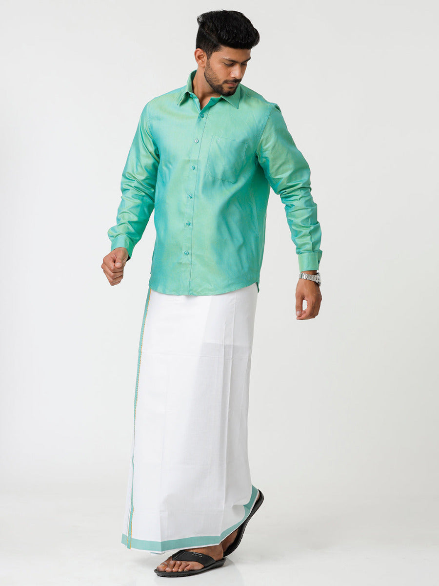 Mens Matching Border Dhoti & Full Sleeves Shirt Set Green C101-Side view