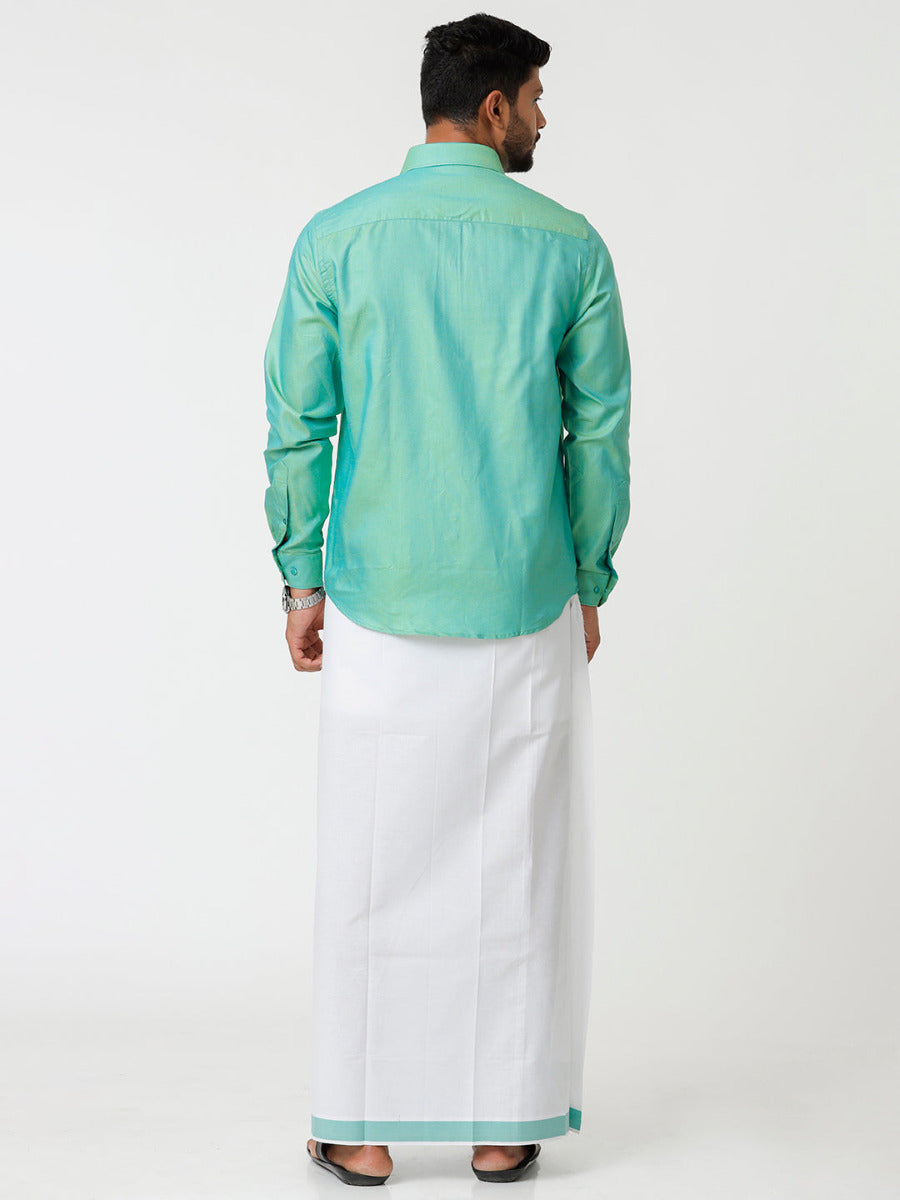 Mens Matching Border Dhoti & Full Sleeves Shirt Set Green C101-Back view