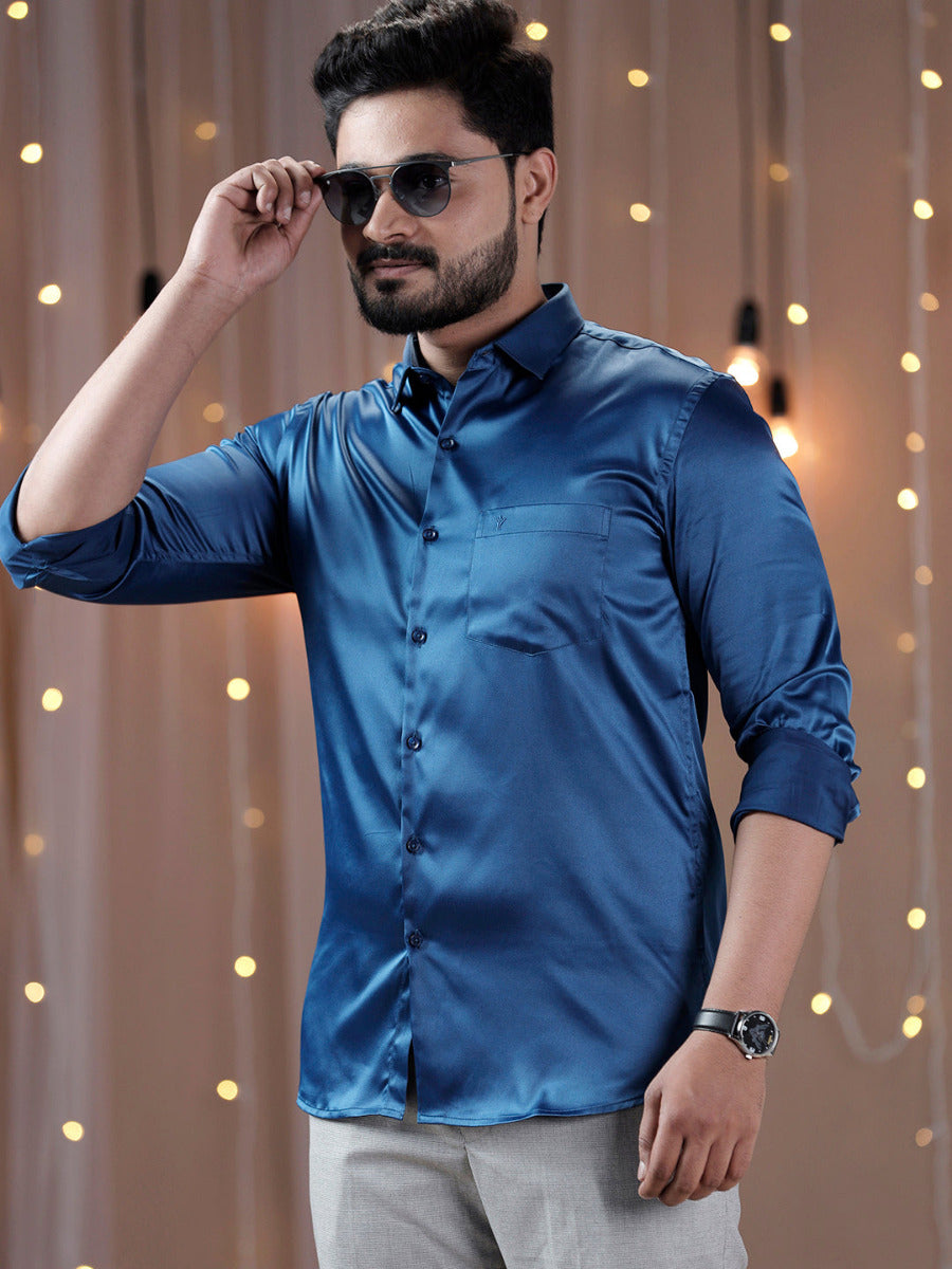 Mens Party Wear Dark Blue Full Sleeves Colour Shirt PS4-Front view